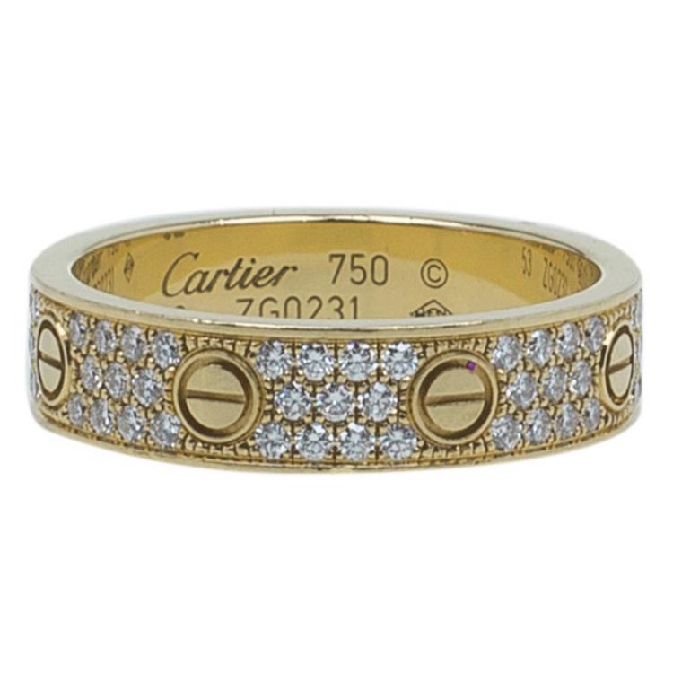 Pre Owned Cartier Love Diamond Paved Yellow Gold Wedding Band Ring Size 53