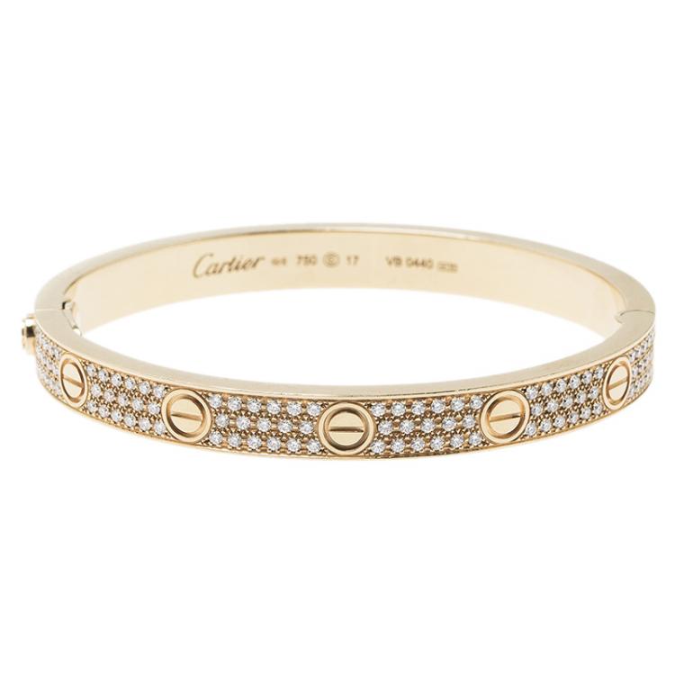 Cartier Love Diamond Paved Yellow Gold Bracelet Size 17 Cartier Tlc
