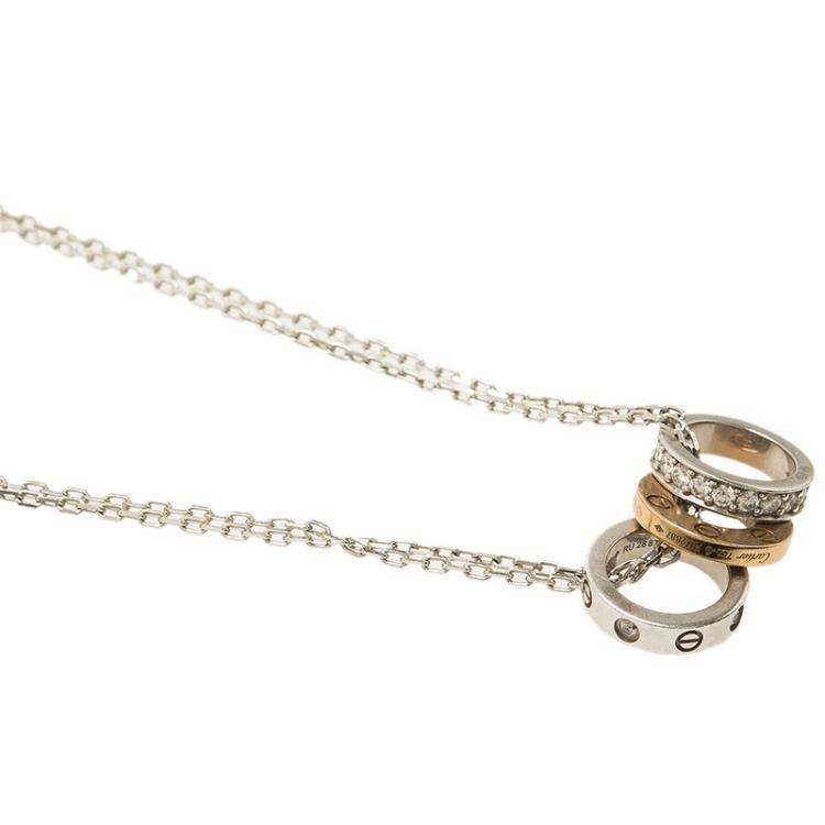Pre Owned Cartier Love 3 Hoops White and Rose Gold Diamond Necklace