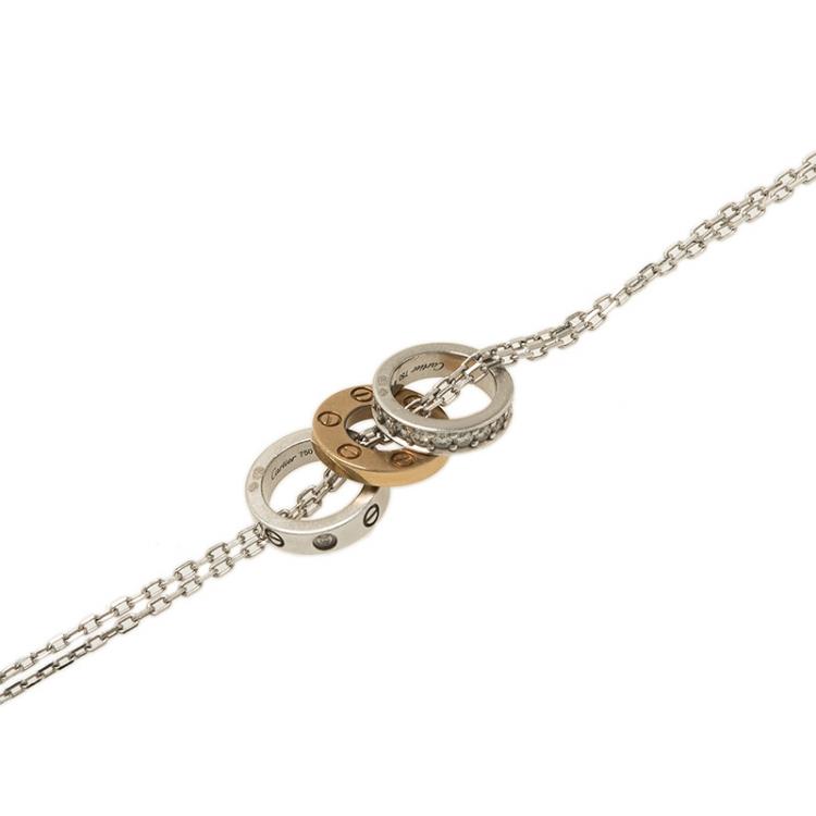 Pre Owned Cartier Love 3 Hoops White and Rose Gold Diamond Necklace