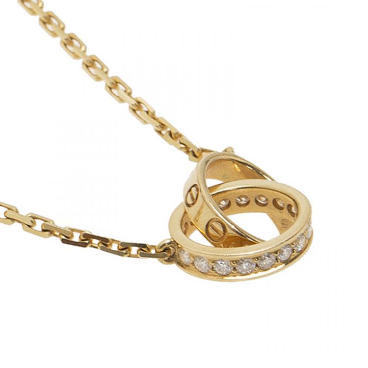 Pre Owned Cartier Love 2 Hoops Diamonds Gold Chain Necklace