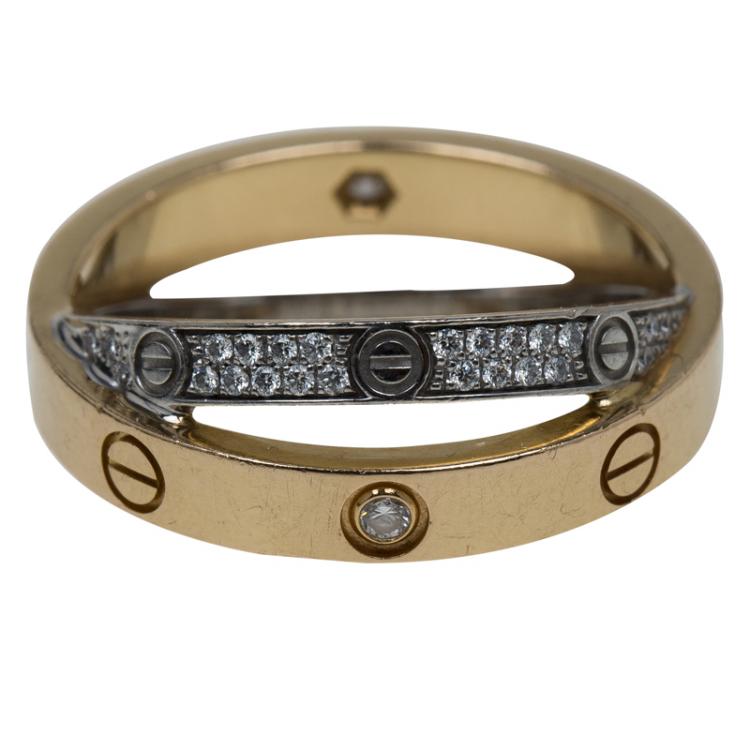 Pre Owned Cartier Love Diamond Paved White and Rose Gold Ring Size 52