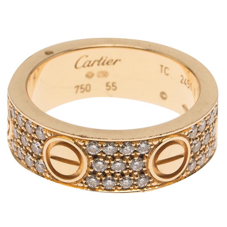 Pre Owned Cartier Love Diamond Rose Gold Band Ring Size 55