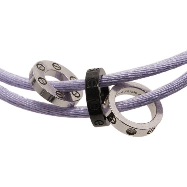 Pre Owned Cartier Love Diamond Black Ceramic White Gold 3 Hoops Silk Cord Bracelet 
