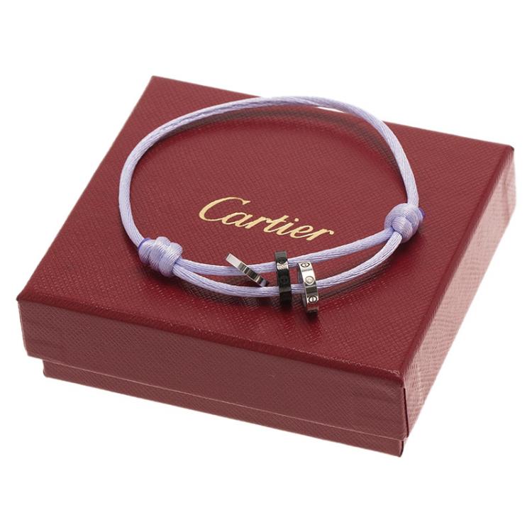 Pre Owned Cartier Love Diamond Black Ceramic White Gold 3 Hoops Silk Cord Bracelet 