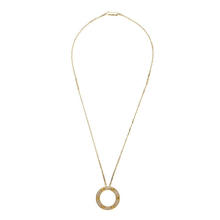 Pre Owned Cartier Love Pavé Set Diamonds Yellow Gold Pendant Chain Necklace