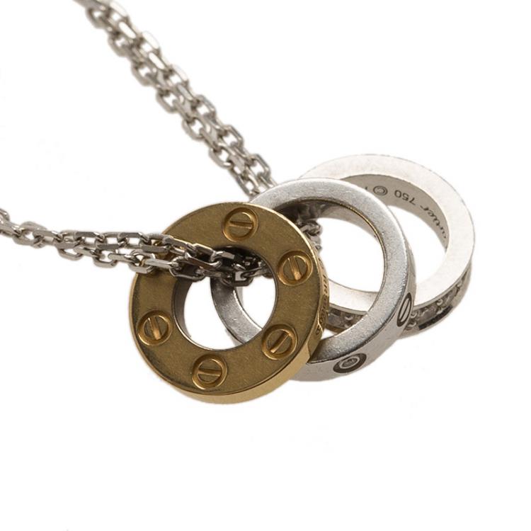 Pre Owned Cartier Love 3 Hoops White and Rose Gold Diamond Double Chain Necklace
