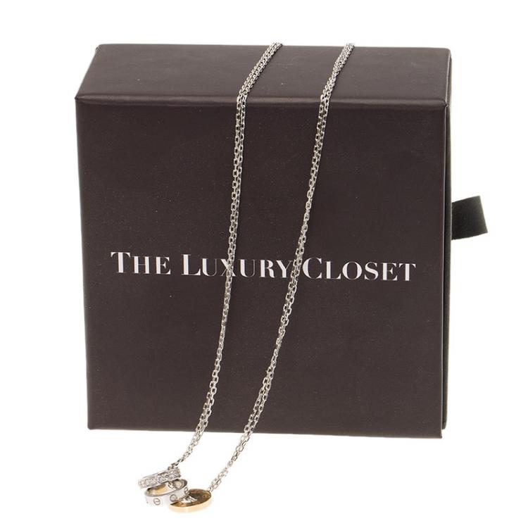 Pre Owned Cartier Love 3 Hoops White and Rose Gold Diamond Double Chain Necklace
