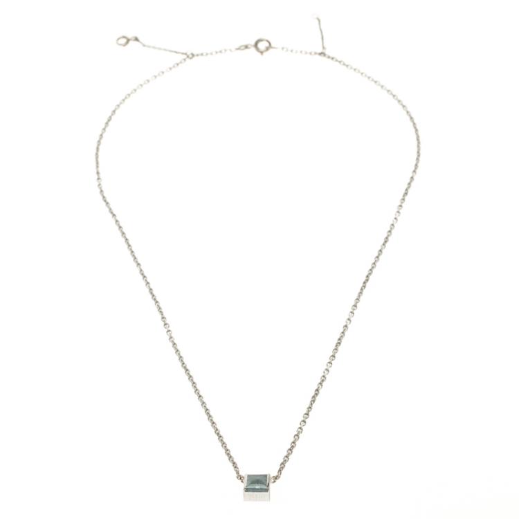 Pre Owned Cartier Aquamarine 18k White Gold Tank Pendant Chain Necklace 