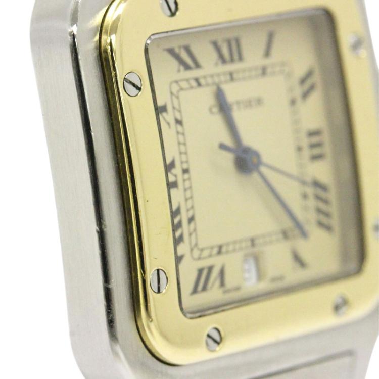 Pre Owned Cartier Cream 18K Yellow Gold and Stainless Steel Santos Galbee Women's Wristwatch 29MM