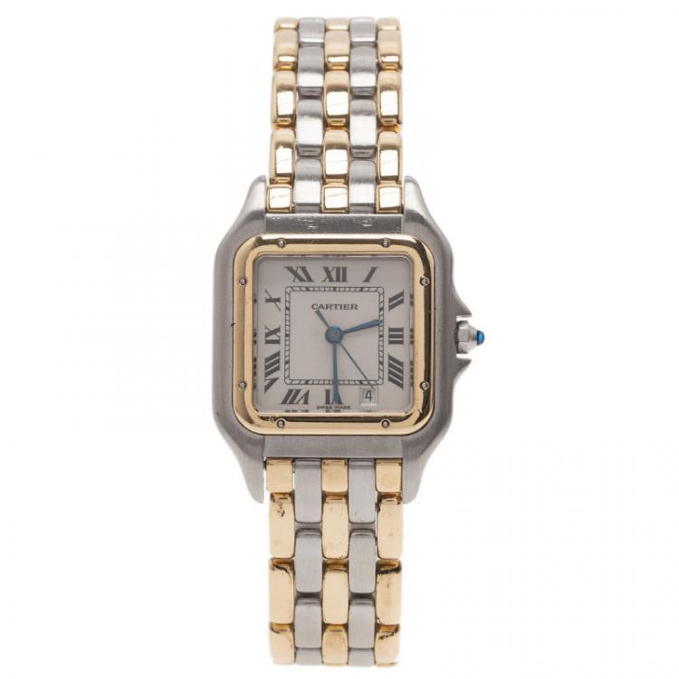 Pre Owned Cartier Ivory 18K Yellow Gold and Steel Panthere Women's Wristwatch 27MM
