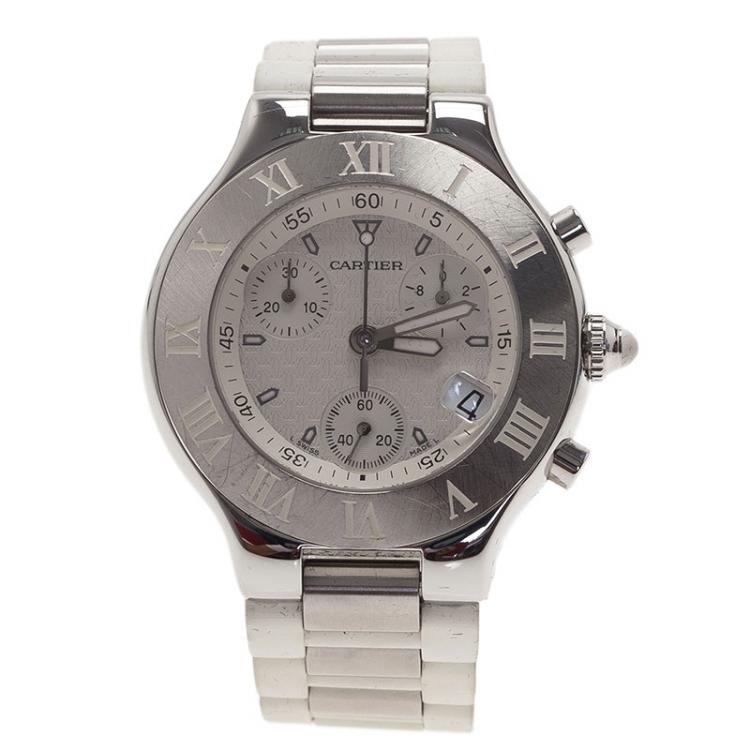 Pre Owned Cartier White Stainless Steel Chronoscaph Women's Wristwatch 38MM