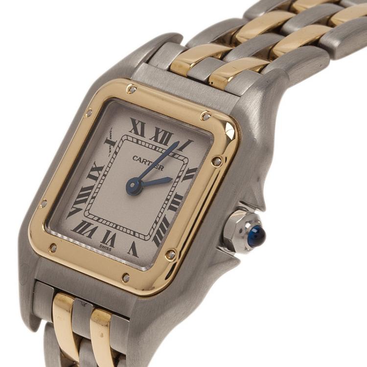Pre Owned Cartier Cream Stainless Steel and 18K Yellow Gold Mini Panthere Women's Wristwatch 22MM