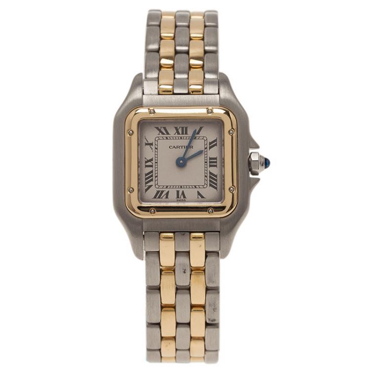 Pre Owned Cartier Cream Stainless Steel and 18K Yellow Gold Mini Panthere Women's Wristwatch 22MM