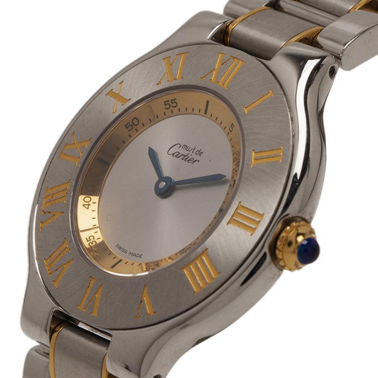 Pre Owned Cartier Silver Stainless Steel and 18K Yellow Gold Must Women's Wristwatch 28MM