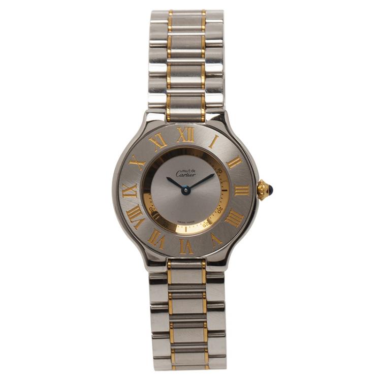 Pre Owned Cartier Silver Stainless Steel and 18K Yellow Gold Must Women's Wristwatch 28MM