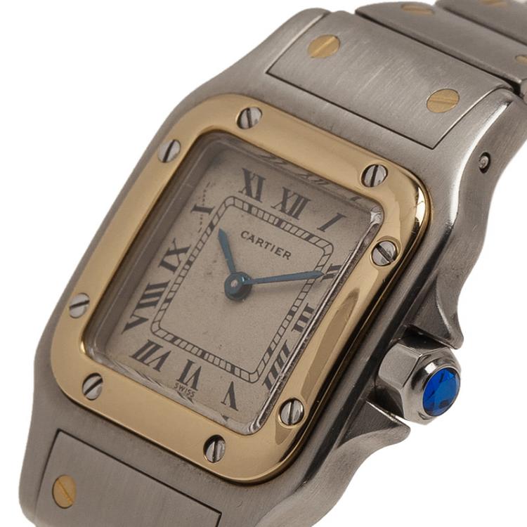 Pre Owned Cartier Cream Stainless Steel and 18K Yellow Gold Santos Women's Wristwatch 24MM