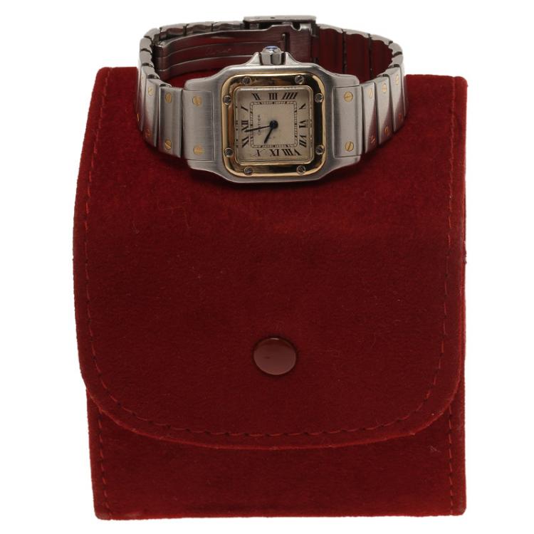 Pre Owned Cartier Cream Stainless Steel and 18K Yellow Gold Santos Women's Wristwatch 24MM