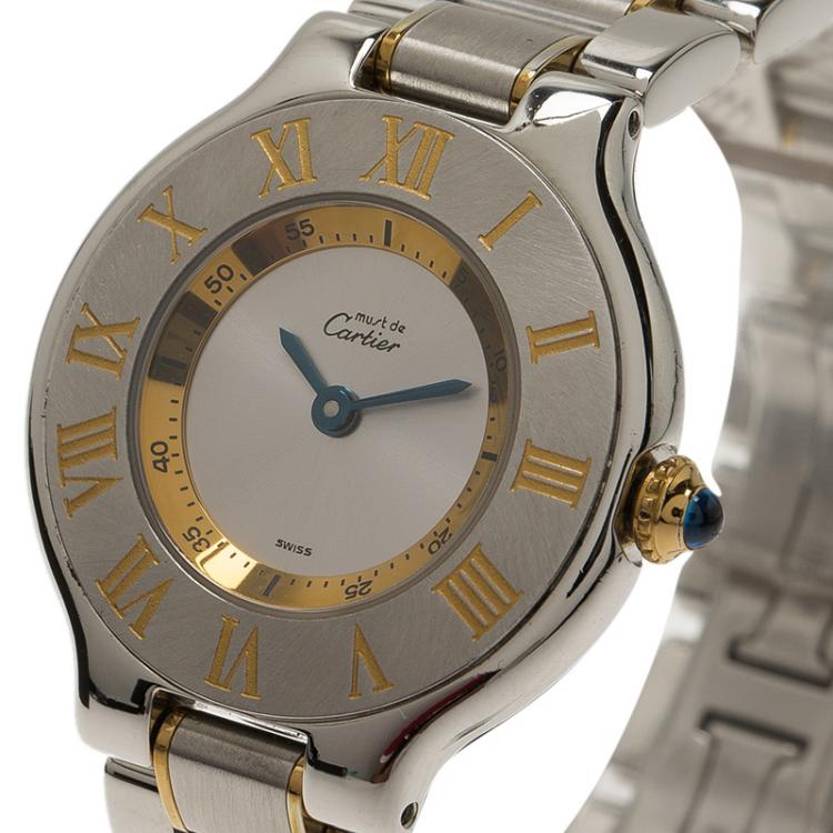 Pre Owned Cartier Silver Stainless Steel and 18K Yellow Gold Must Women's Wristwatch 28MM