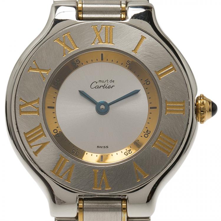 Pre Owned Cartier Silver Stainless Steel and 18K Yellow Gold Must Women's Wristwatch 28MM