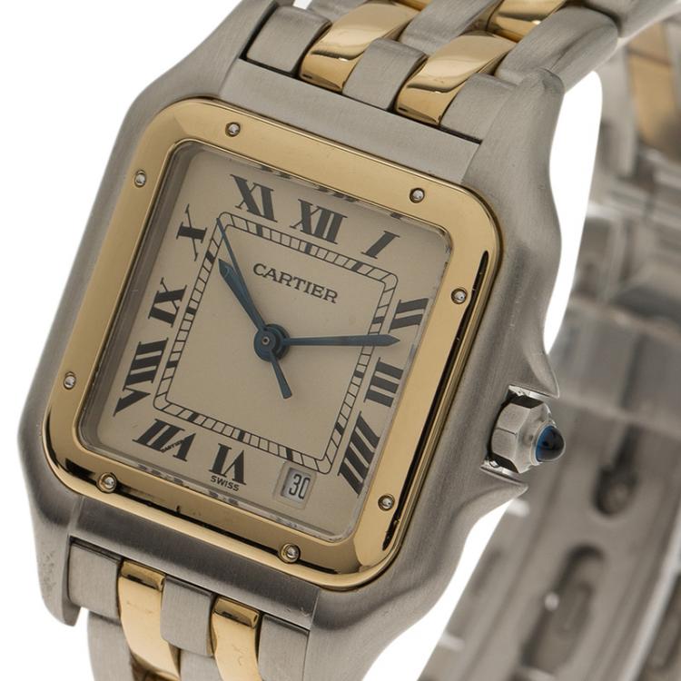 Pre Owned Cartier Ivory 18K Yellow Gold and Stainless Steel Tank Women's Wristwatch 27MM