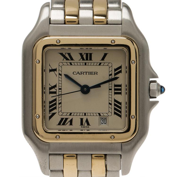Pre Owned Cartier Ivory 18K Yellow Gold and Stainless Steel Tank Women's Wristwatch 27MM