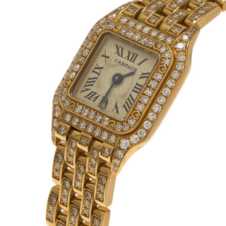 Pre Owned Cartier Cream 18K Yellow Gold Diamond Panthere Women's Wristwatch 16MM