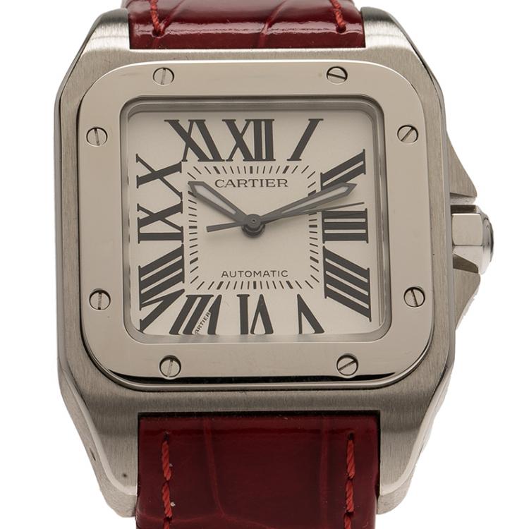 Pre Owned Cartier White Stainless Steel Santos 100 Women's Wristwatch 34MM