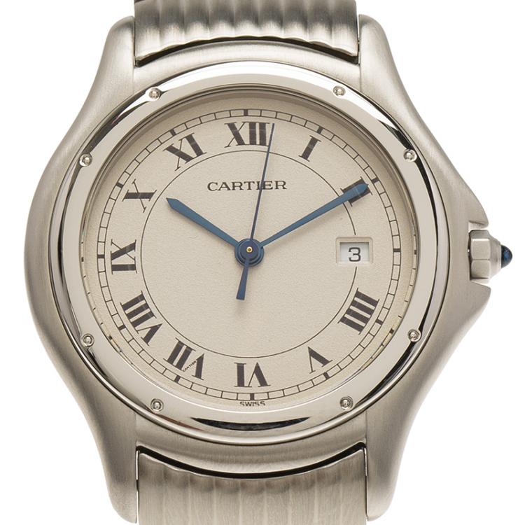Pre Owned Cartier Cream Stainless Steel Cougar 987904 Mens Wristwatch 33 MM