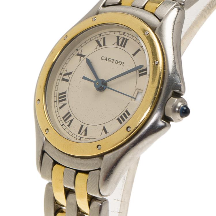 Pre Owned Cartier Cream 18K Yellow Gold and Stainless Steel Cougar 187906 Women's Wristwatch 26MM