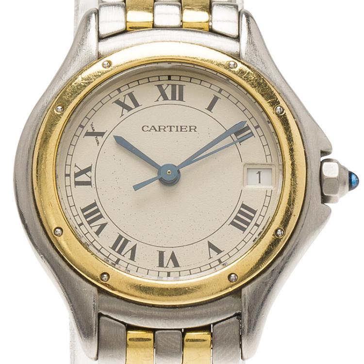 Pre Owned Cartier Cream 18K Yellow Gold and Stainless Steel Cougar 187906 Women's Wristwatch 26MM