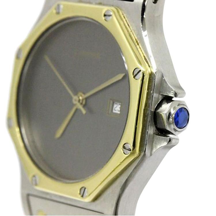 Pre Owned Cartier Grey 18K Yellow Gold and Stainless Steel Santos Octagon Women's Wristwatch 29MM