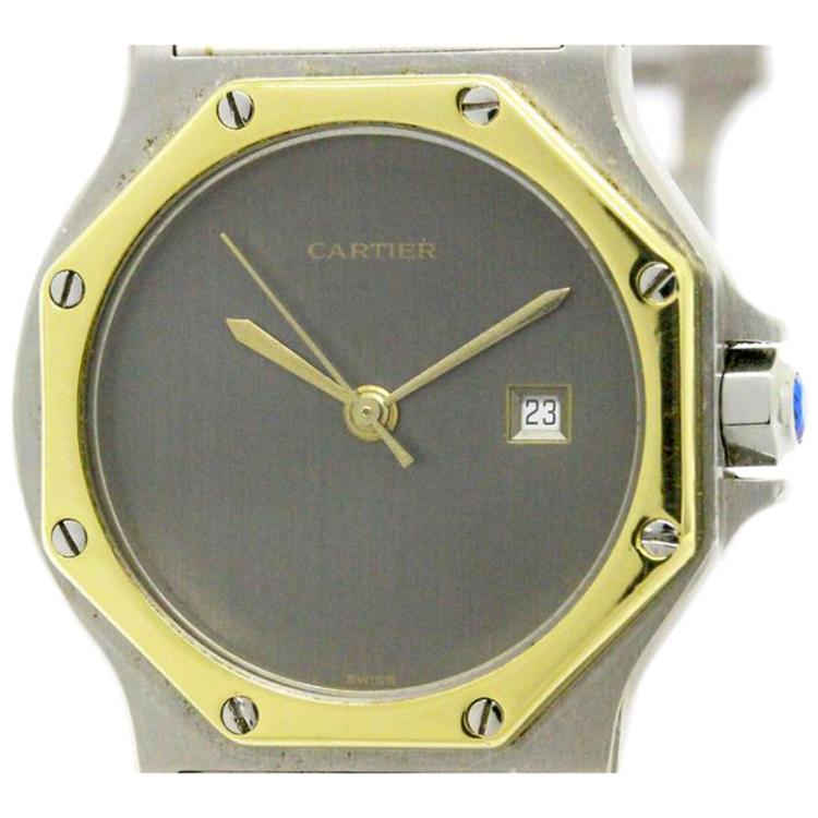 Pre Owned Cartier Grey 18K Yellow Gold and Stainless Steel Santos Octagon Women's Wristwatch 29MM