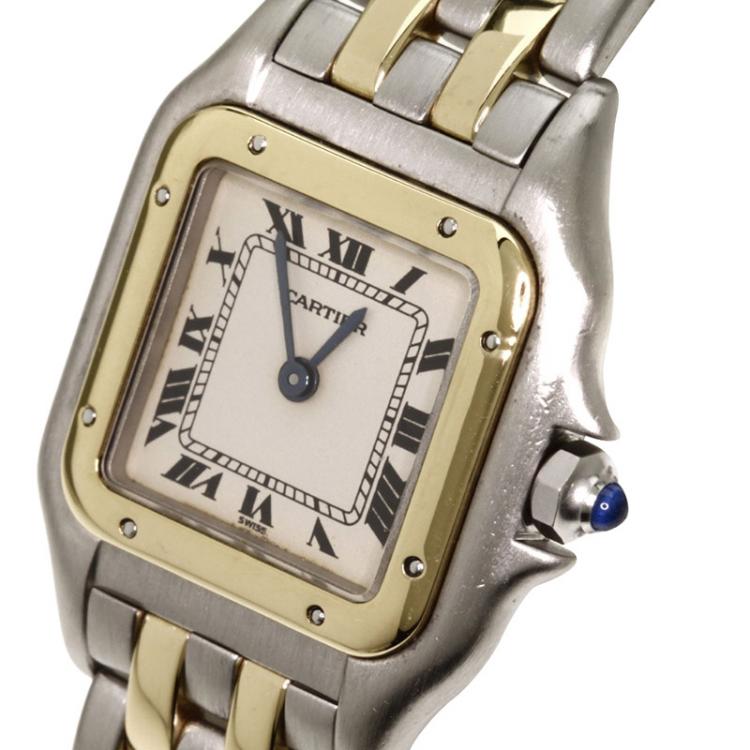 مملوكة مسبقًا Cartier White 18K Yellow Gold and Stainless Steel Panthere Women's Wristwatch 22MM