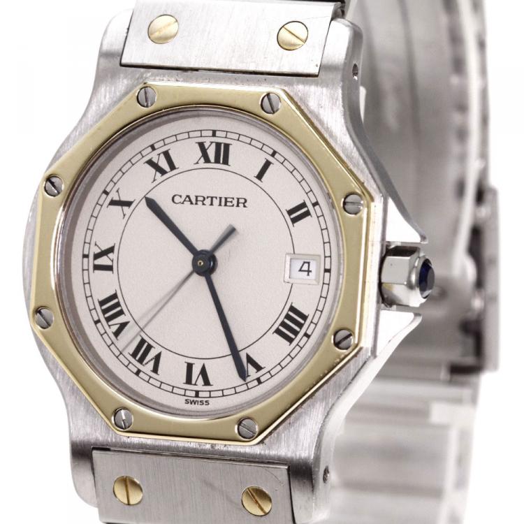 Pre Owned Cartier White 18K Yellow Gold and Stainless Steel Santos Octagon Women's Wristwatch 30MM