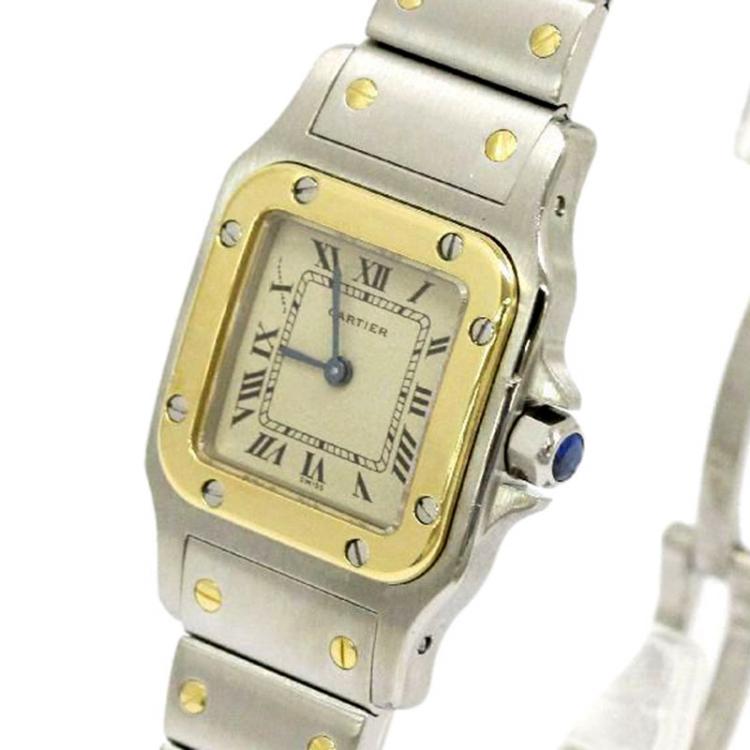 Pre Owned Cartier Silver 18K Yellow Gold and Stainless Steel Santos Galbee Women's Wristwatch 24MM