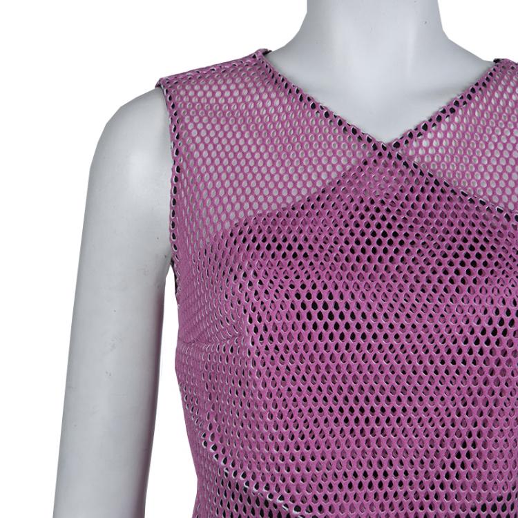Pre Owned Carven Pink Tricot Perforated Mesh Overlap Detail Sleeveless Dress M