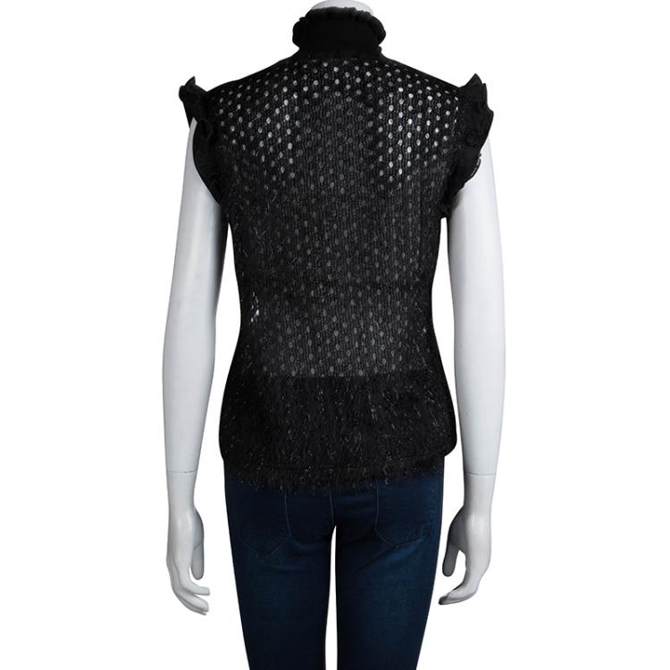 Pre Owned Carven Black Textured Lurex Surface Detail Sheer Sleeveless Top M