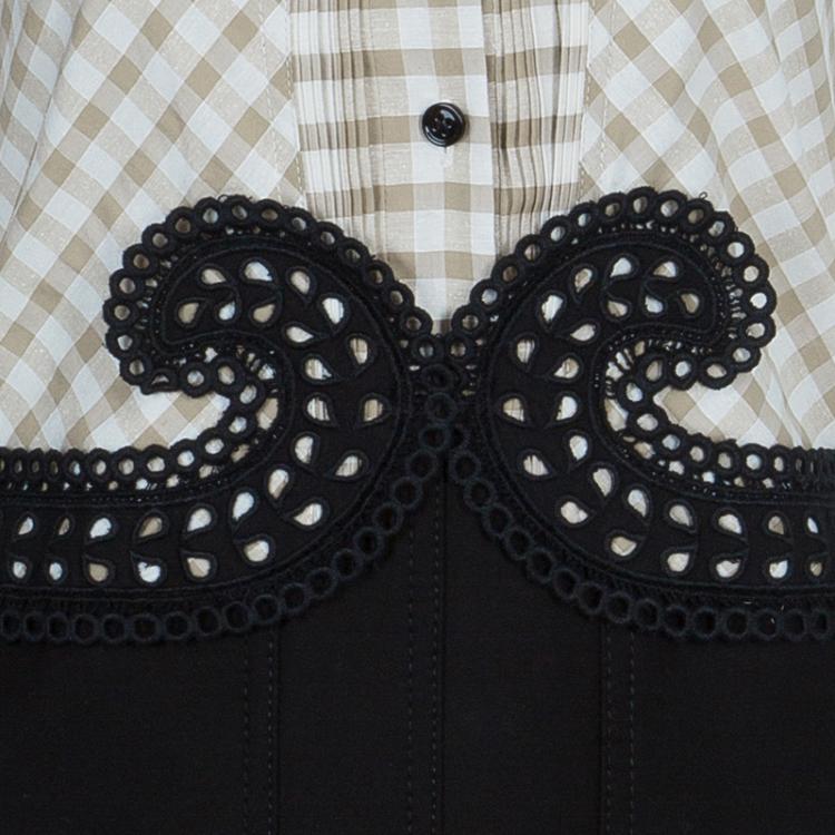 Pre Owned Carven Spring'14 Checked Front Mesh Back Eyelet Lace Detail Runway Dress M