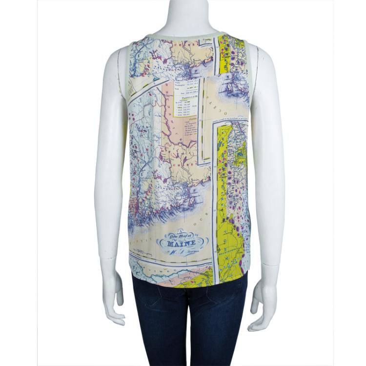 Pre Owned Carven Multicolor Map Printed Silk Sleeveless Top M