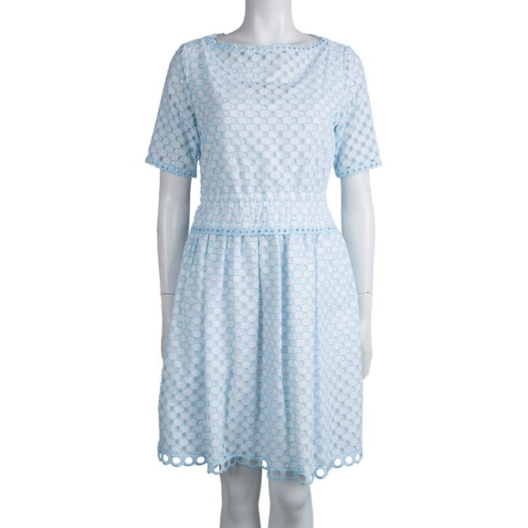 Pre Owned Carven White and Blue Schiffli Embroidered Short Sleeve Cotton Dress L