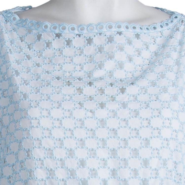 Pre Owned Carven White and Blue Schiffli Embroidered Short Sleeve Cotton Dress L