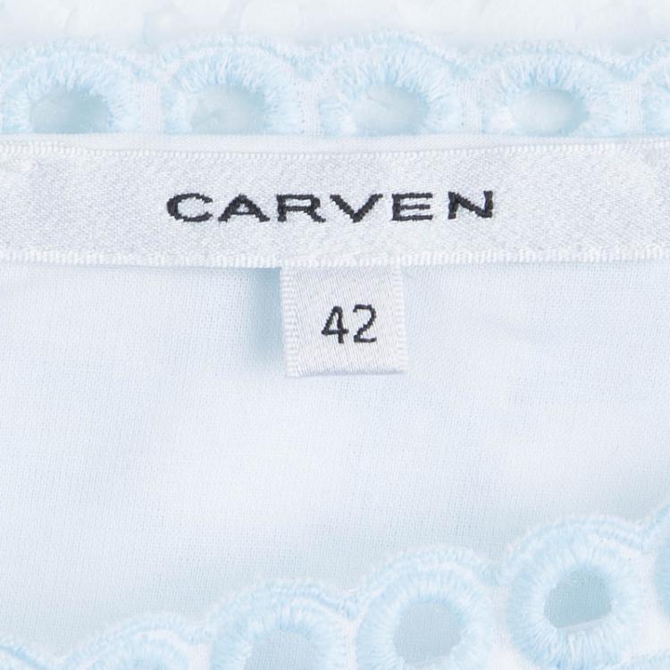 Pre Owned Carven White and Blue Schiffli Embroidered Short Sleeve Cotton Dress L