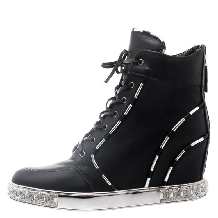 Pre Owned Casadei Black Leather Chain Detail Wedge Sneakers Size 41