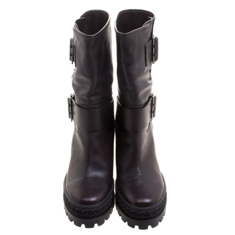 Pre Owned Casadei Dark Brown Leather Wedge Boots Size 38