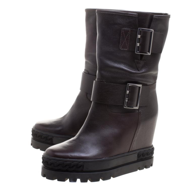 Pre Owned Casadei Dark Brown Leather Wedge Boots Size 38