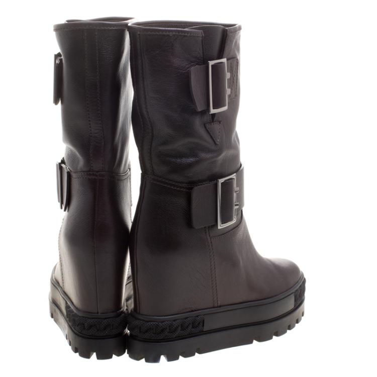 Pre Owned Casadei Dark Brown Leather Wedge Boots Size 38