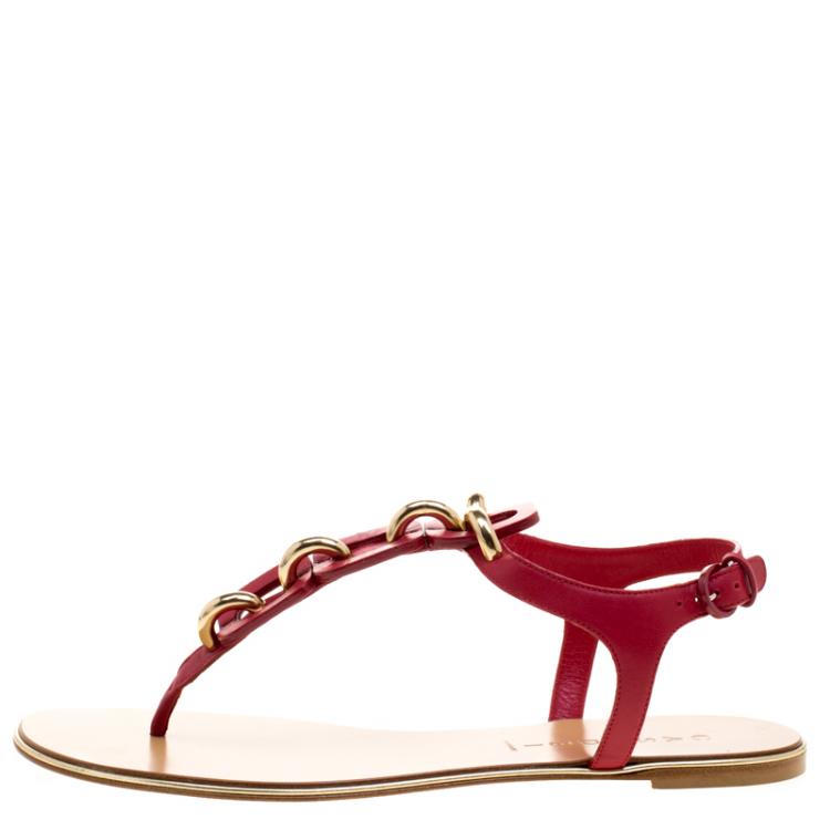 Pre Owned Casadei Red Leather Chain Detail T Strap Flat Sandals Size 39