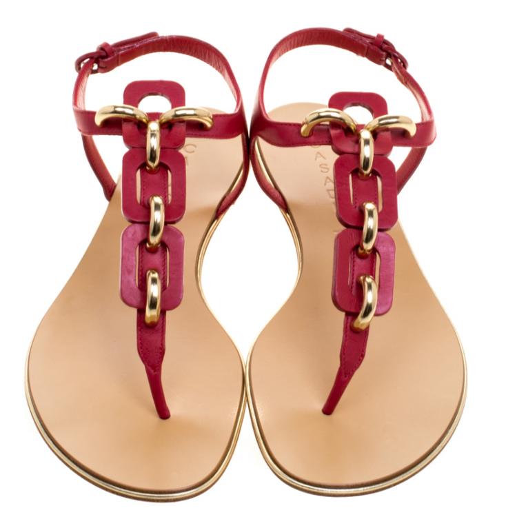 Pre Owned Casadei Red Leather Chain Detail T Strap Flat Sandals Size 39