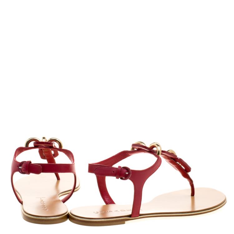 Pre Owned Casadei Red Leather Chain Detail T Strap Flat Sandals Size 39